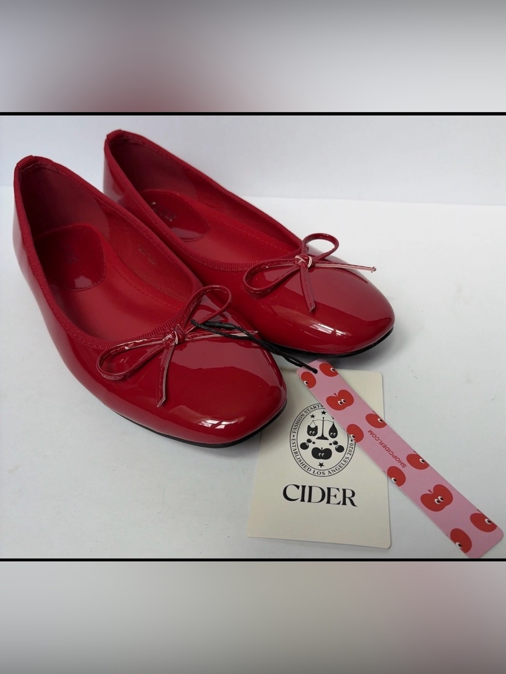 Cider Red Patent Ballet Flats with Bow Detail (US 7.5/EU 38)